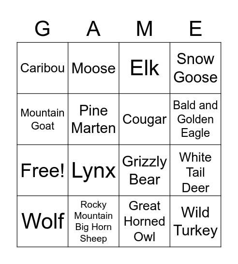 Alberta Animals Bingo Card