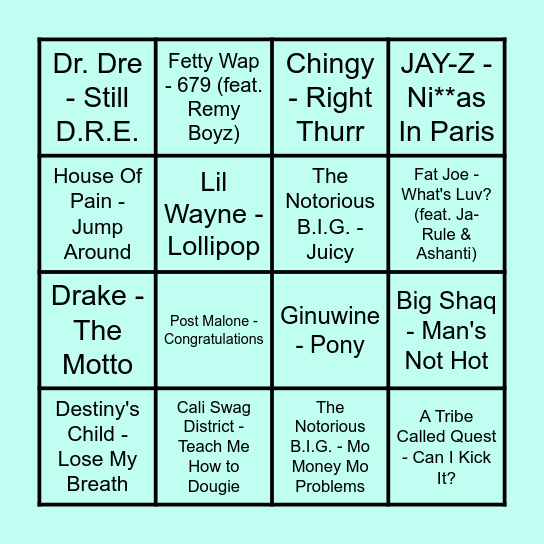Prince Music Bingo - Hip Hop & RnB Bingo Card