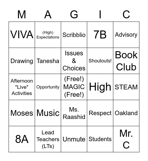 VIVA's Advisory "MAGIC" Bingo Card