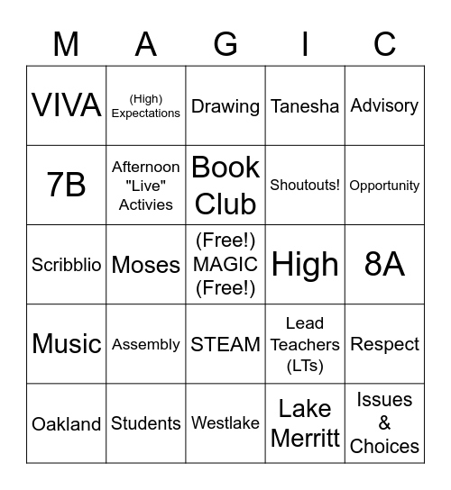 Coach Mom's Advisory "MAGIC" Bingo Card