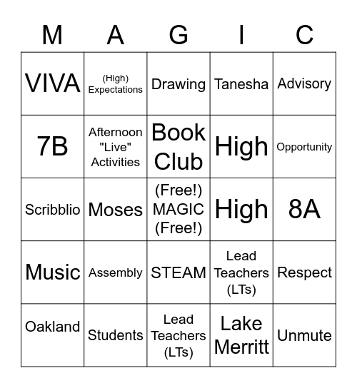 Tanesha's Advisory "MAGIC" Bingo Card