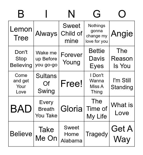 Music Bingo 70s 80s 90s Bingo Card
