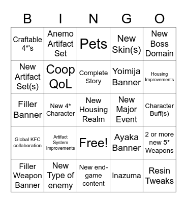 Genshin 2.0 Dev Livestream Bingo Card