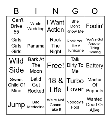 Hair Band Hits Bingo Card