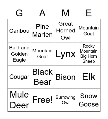 Alberta Animals Two Bingo Card
