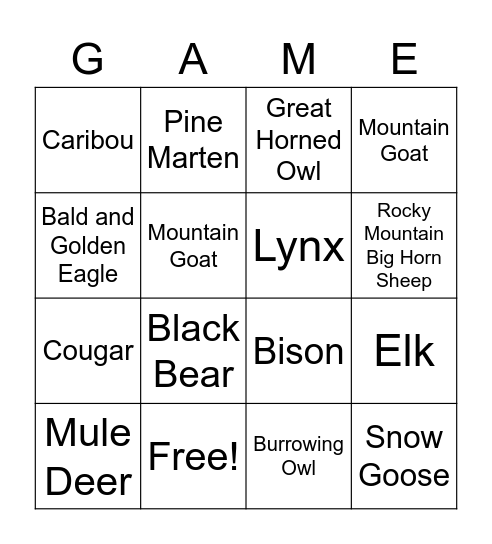 Alberta Animals Two Bingo Card