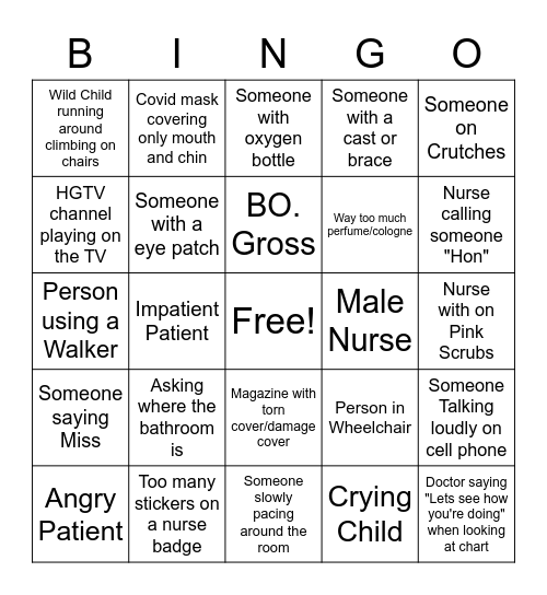 Hospital Visit Bingo Card