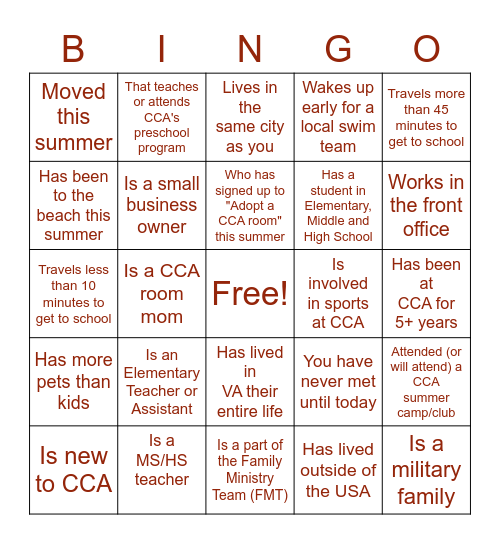 BINGO CCA-Style:      Find a family/person that... Bingo Card