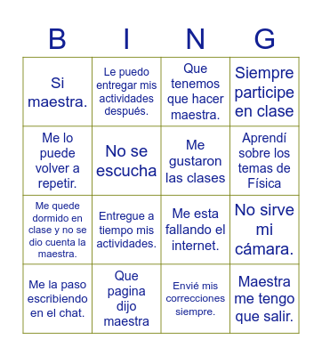 Cosas que hacen y dicen los estudiantes Bingo Card