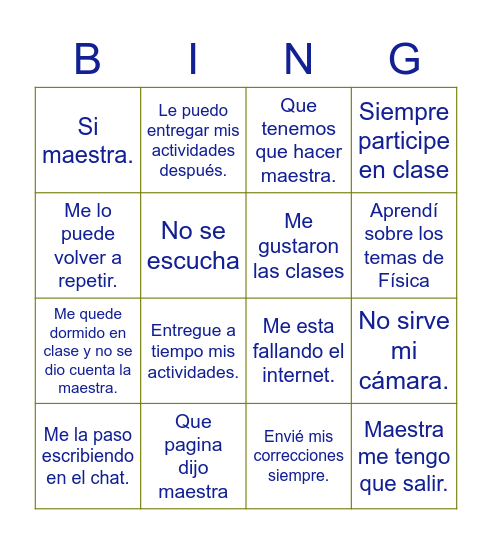 Cosas que hacen y dicen los estudiantes Bingo Card