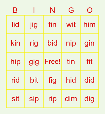 Short I Bingo Card