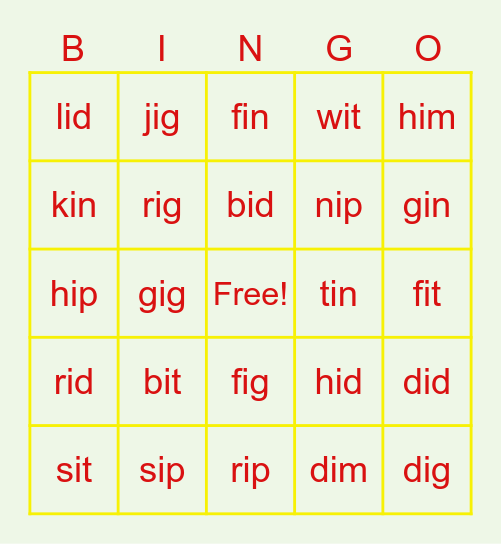 Short I Bingo Card