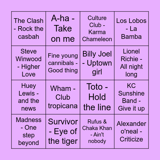 80's Disco Bingo Card