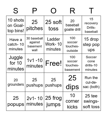 Sports Training Bingo Card