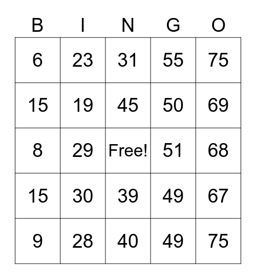 Number Bingo 1-75 Bingo Card