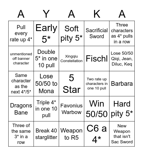 Ayaka Wishing Bingo Card