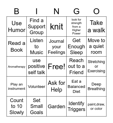 Healthy Coping Skills Bingo Card