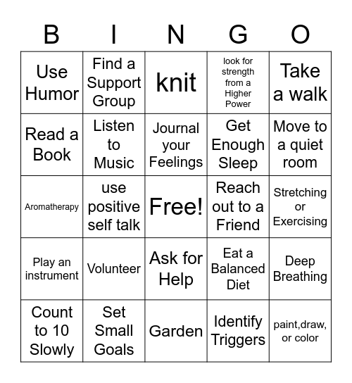 Healthy Coping Skills Bingo Card