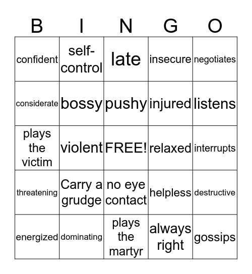 Assertive Vs. Aggressive Bingo Card