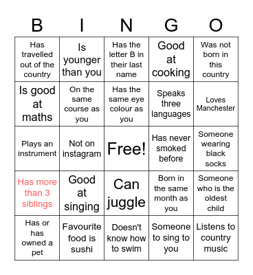 Get to know eachother Bingo Card