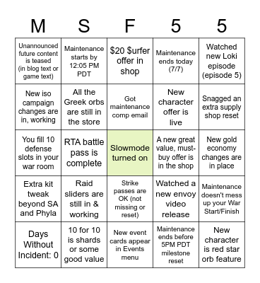 MSF Update 7/8/21 Positive Bingo Card