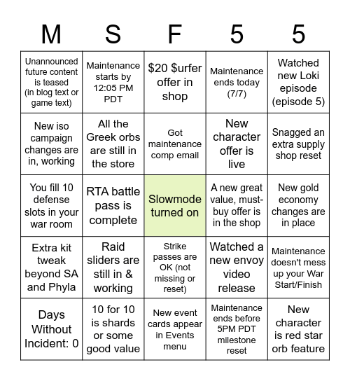 MSF Update 7/8/21 Positive Bingo Card