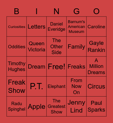 The Greatest Showman Bingo Card