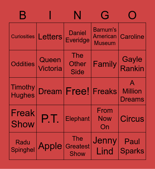 The Greatest Showman Bingo Card