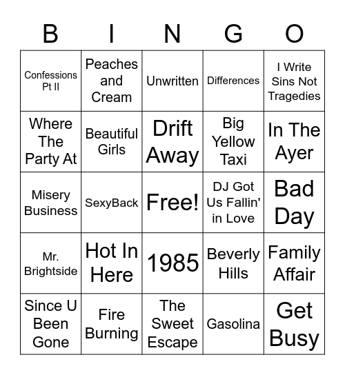 2000s Hits #2 Bingo Card