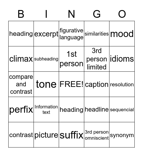 Reading Vocabulary Bingo Card