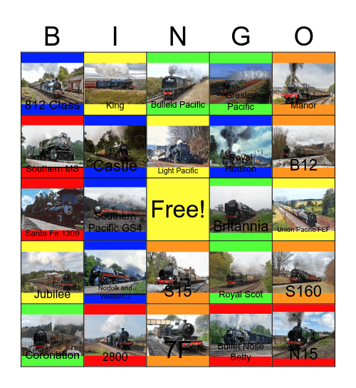 Colored Steam Locomotives Bingo Card