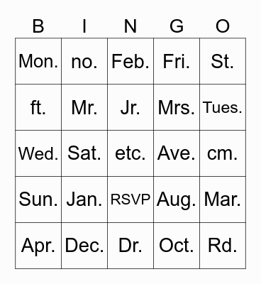 Abbreviation Bingo Card