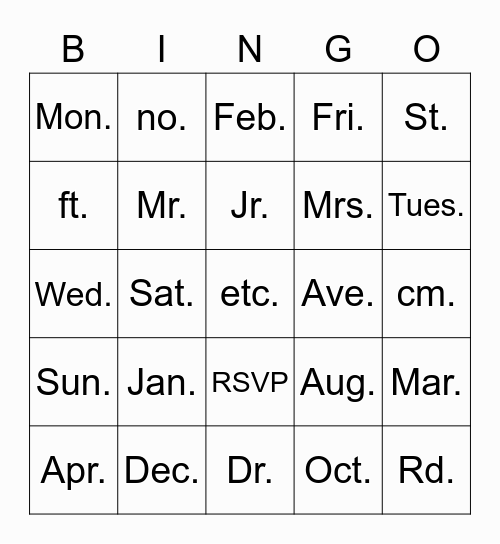 Abbreviation Bingo Card