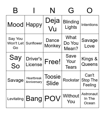 Pop Music Bingo Card