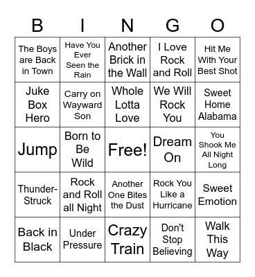Rock and Roll Bingo Card