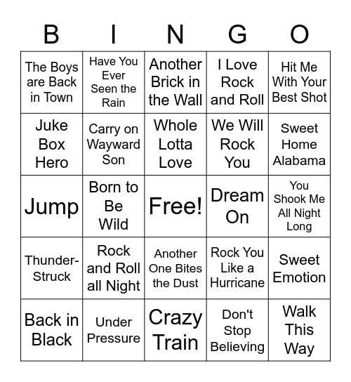 Rock and Roll Bingo Card