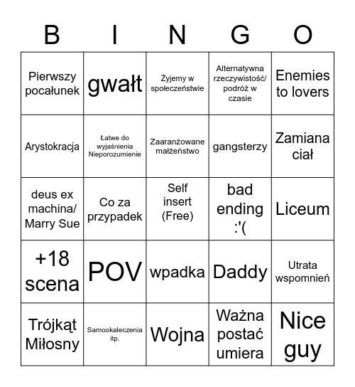 Fanfik Bingo Card