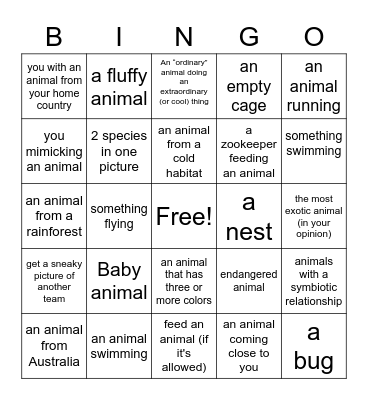 Home Abroad National Zoo Trip Bingo Card