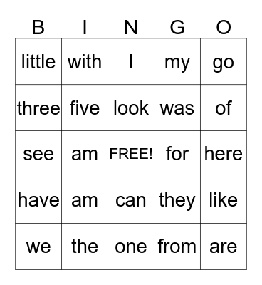 Sight Words Bingo Card