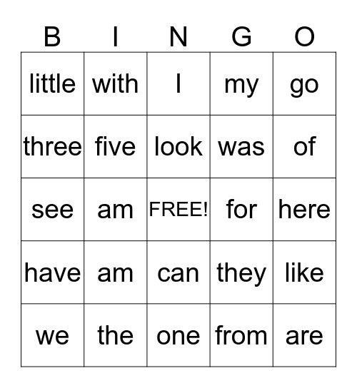 Sight Words Bingo Card