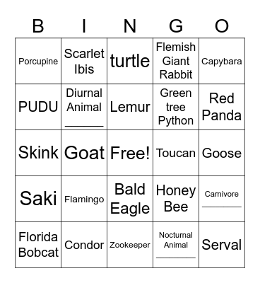 Brandywine Zoo 2021 Bingo Card