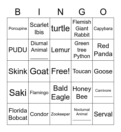Brandywine Zoo 2021 Bingo Card