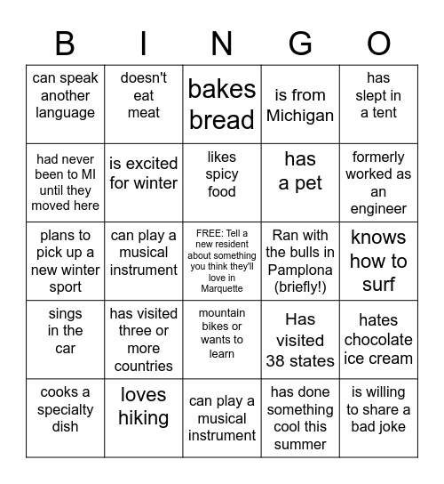 Find a new resident who... Bingo Card