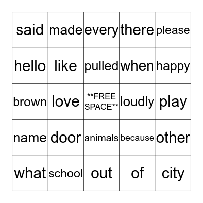 Sight Word Bingo Card