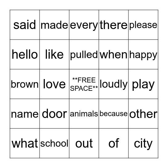 Sight Word Bingo Card