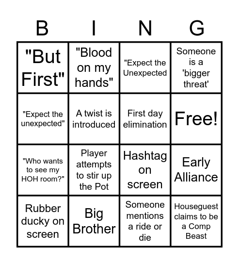 Big Brother Bingo Card