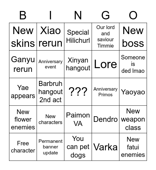 Genshin 2.0 Bingo Card