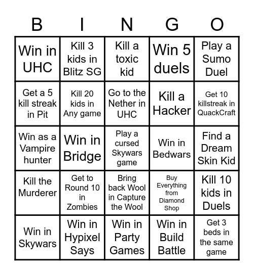 Minecraft Hypixel Bingo Card