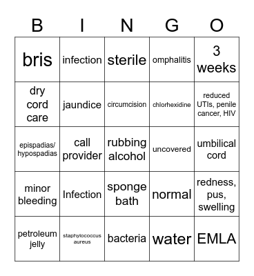 Circumcision & Umbilical Cord Care Bingo Card