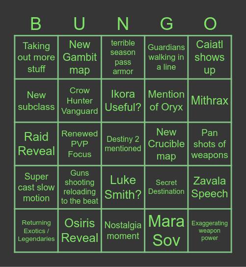 Bungie Reveal Bingo Card